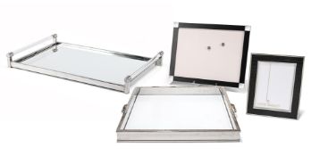 A STEEL AND GLASS TWIN HANDLED TRAY, TOGETHER WITH ANOTHER TRAY, OF RECENT MANUFACTURE
