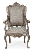 A SILVERED OPEN ARMCHAIR, IN LOUIS XV STYLE, MODERN