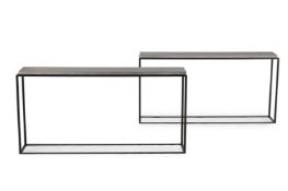 A PAIR OF METAL AND STONE INSET CONSOLE TABLES, OF RECENT MANUFACTURE