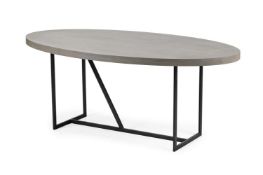 A WENGE AND METAL OVAL DINING OR CENTRE TABLE, OF RECENT MANUFACTURE