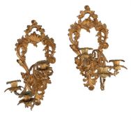 A PAIR OF ITALIAN GILT METAL THREE LIGHT WALL SCONCES IN ROCOCO STYLE, LATE 19TH CENTURY