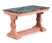 A PAINTED, CARVED AND SERPENTINE MARBLE MOUNTED CENTRE TABLE, CIRCA 1830 AND LATER PAINTED