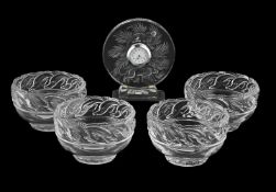 LALIQUE, CIRCULAR TIMEPIECE; LATE 20TH/EARLY 21ST CENTURY, TOGETHER WITH FOUR TIFFANY BOWLS