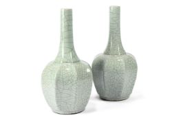 A PAIR OF CELEDON CRACKLE GLAZED BOTTLE VASES, MODERN