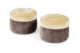 A PAIR OF UPHOLSTERED CREAM AND TAUPE STOOLS, OF RECENT MANUFACTURE
