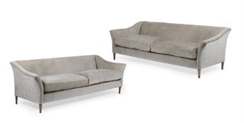 A PAIR OF GREY UPHOLSTERED AND LIMED OAK SOFAS, OF RECENT MANUFACTURE