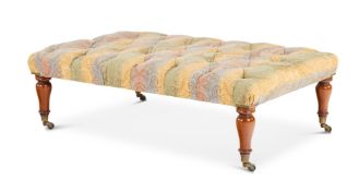 A BUTTONED PAISLEY FABRIC UPHOLSTERED MAHOGANY STOOL, MODERN