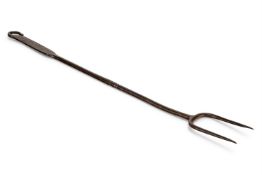 A GEORGE II WROUGHT IRON FLESH OR TOASTING TWO TINE FORK, CIRCA 1750