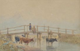 DAVID COX SEN. (BRITISH 1783-1859), CATTLE IN A STREAM WITH FIGURES ON A BRIDGE