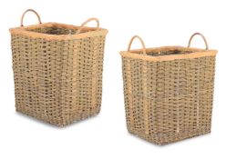 A LARGE PAIR OF LEATHER BOUND WICKER LOG BASKETS, LATE 20TH OR MODERN