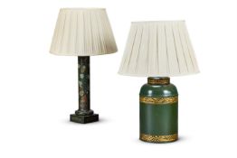 A GREEN AND GOLD TOLE PEINTE LAMP BASE VAUGHAN, MODERN