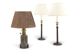 A PAIR OF BRASS MOUNTED CARVED MAHOGANY CANDLESTICK LAMP BASES, LATE 20TH CENTURY