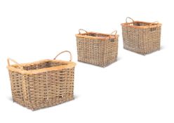 A SET OF THREE WICKER AND LEATHER BOUND LOG BASKETS LATE 20TH MODERN