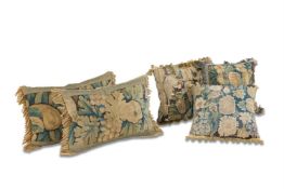 A NEAR PAIR OF TAPESTRY CUSHIONS, 20TH CENTURY INCORPORATING LATE 17TH CENTURY FRAGMENTS
