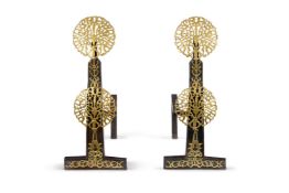 A PAIR OF ARTS & CRAFTS BRASS MOUNTED IRON ANDIRONS ENGLISH, CIRCA 1900