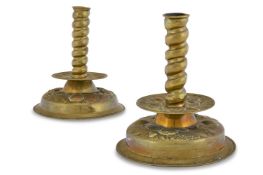 TWO VERY SIMILAR BRASS CANDLESTICKS DUTCH OR SWEDISH, LATE 18TH CENTURY