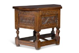 AN ENGLISH OAK AND PARQUETRY INLAID 'CREDENCE' TABLE, EARLY 17TH CENTURY AND LATER