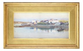 GEORGE COCKRAM (BRITISH 1861-1950), A VILLAGE BESIDE AN INLAND WATERWAY