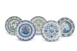 A GROUP OF FIVE MOSTLY BRISTOL DELFT POLYCHROME CHARGERS, EARLY 18TH CENTURY