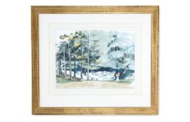 P. J. BAKER (BRITISH 20TH CENTURY), FIR TREES BY LAKE