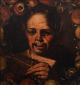 FOLLOWER OF LUCA GIORDANO, A SATYR WITH MUSICAL INSTRUMENTS WITHIN A GARLAND OF FRUIT