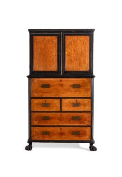 A CAMPHOR WOOD, AMBOYNA AND EBONY CAMPAIGN SECRETAIRE, CHINESE EXPORT, MID-19TH CENTURY