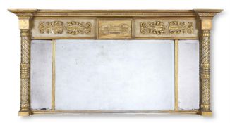 A REGENCY GILTWOOD AND GREY PAINTED TRIPLE PLATE OVERMANTEL MIRROR, EARLY 19TH CENTURY