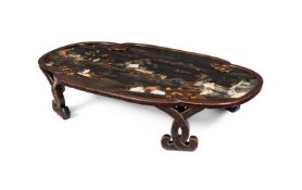 A HARDSTONE-MOUNTED LACQUERED OVAL PLAQUE, CHINESE, CIRCA 1930