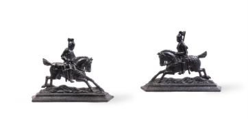 A PAIR OF VICTORIAN CAST IRON MOUNTED HUSSAR DESIGN DOOR STOPS, LATE 19TH CENTURY