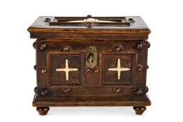 A SMALL BONE MOUNTED WALNUT TABLE CASKET, WESTPHALIAN