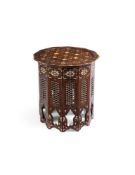 Y A DAMASCUS MOTHER-OF-PEARL INLAID HARDWOOD OCCASIONAL TABLE, LATE 19TH/EARLY 20TH CENTURY