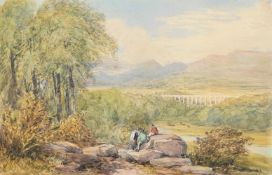 DAVID COX SENIOR (BRITISH 1783 - 1859), FIGURES RESTING NEAR THE LLANGOLLEN VIADUCT