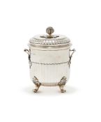 AN EDWARDIAN SILVER BARREL SHAPED POT AND COVER