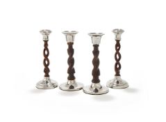 TWO PAIRS OF SILVER MOUNTED TURNED WOOD CANDLE STICKS