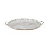 A LARGE SILVER SHAPED OVAL TWIN HANDLED TRAY