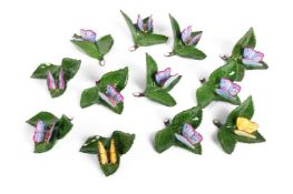 HEREND, BUTTERFLY ON LEAF PORCELAIN PLACE-CARD HOLDERS