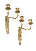 A PAIR OF FRENCH SECOND EMPIRE GILT BRONZE TWIN BRANCH WALL LIGHTS, IN THE OTTOMAN TASTE, CIRCA 1860