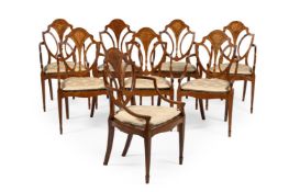 A SET OF EIGHT SATINWOOD ARMCHAIRS, IN GEORGE III STYLE, 19TH CENTURY