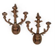 A LARGE PAIR OF SCROLLING WROUGHT IRON THREE BRANCH WALL LIGHTS, CONTINENTAL, LATE 19TH CENTURY