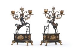 A PAIR OF BRONZE AND GILT METAL HORSE CANDELABRA, EARLY TO MID 19TH CENTURY