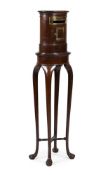 AN UNUSUAL VICTORIAN MAHOGANY AND BRASS MOUNTED DOMESTIC POST BOX ON STAND, CIRCA 1880-1900