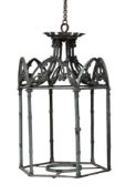A VERDIGRIS METAL HEXAGONAL GOTHIC HALL LANTERN, LATE 19TH OR EARLY 20TH CENTURY