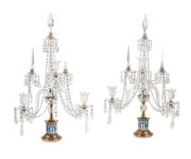 A LARGE PAIR OF WEDGWOOD BASE CUT CRYSTAL CANDELABRA IN THE ADAM STYLE, CIRCA 1890