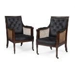 A PAIR OF REGENCY MAHOGANY BERGERE LIBRARY ARMCHAIRS, CIRCA 1820