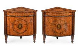 Y A PAIR OF GEORGE III SATINWOOD, ROSEWOOD AND SPECIMEN MARQUETRY CORNER CABINETS OR ENCOIGNURES