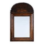 A WALNUT, SPECIMEN MARQUETRY AND FRET WORK MIRROR, LATE 19TH CENTURY OR EARLY 20TH CENTURY