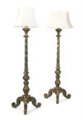 A PAIR OF GREEN PAINTED AND PARCEL GILT STANDARD LAMPS, IN VENETIAN STYLE
