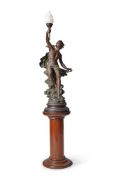 AFTER LOUIS MOREAU, A PATINATED SPELTER FIGURAL LAMP 'LE GENIE DE LA LUMIERE', LATE 19TH CENTURY