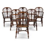 A SET OF SIX YEW AND ELM LOW BACK WINDSOR ARMCHAIRS, BY ELIZABETH GABBITTASS WORKSOP, CIRCA 1840