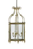 A LARGE BRASS HEXAGONAL HALL LANTERN, MID 19TH CENTURY, INCORPORATING LATER ELEMENTS
